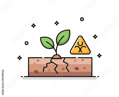 Soil contamination warning icon featuring a small plant growing from cracked ground with a hazard symbol nearby, symbolizing polluted land and ecological