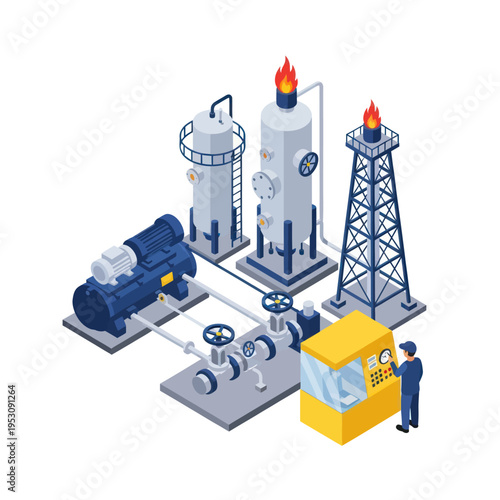Industrial oil and gas processing plant equipment isometric illustration.