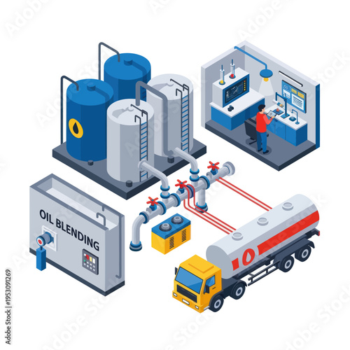 Industrial Oil Blending Facility with Storage Tanks and Truck.