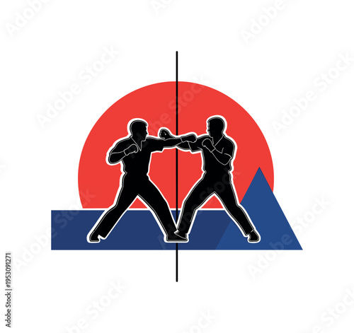 Black and white silhouettes frozen mid-throw during close combat, large flat red semicircle intersected by thin vertical line emphasizing balance shift, deep
