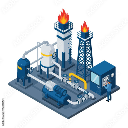 Industrial Oil Gas Refinery Plant with Flares and Equipment.