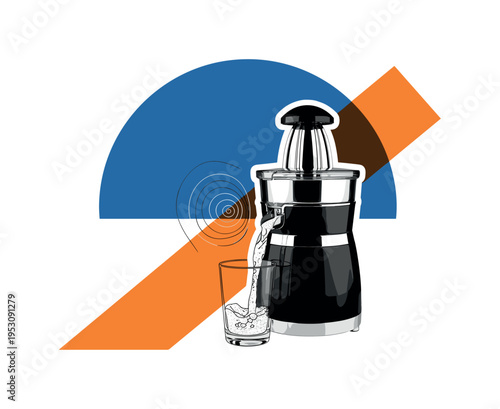 Black and white retro juicer with a stream of juice pouring into a glass, large blue semicircle framing upper half, orange diagonal stripe emphasizing motion