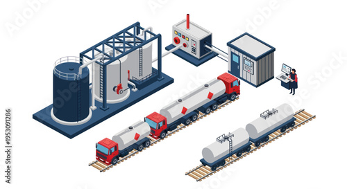 Industrial oil refinery complex with trains for transportation.