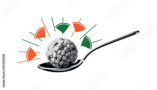 A realistic monochrome serving spoon mid-air with stuffing shaped into a bold abstract sphere, semicircles and thin lines radiating outward like flavor waves,
