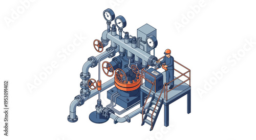 Industrial Oil Rig Equipment with Worker Illustration.