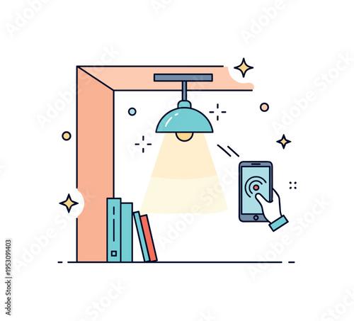 Automated lighting system simple room corner with ceiling lamp turning on via smartphone command, tiny spark accents emphasizing energy efficiency. A compact