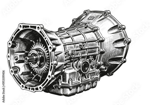 Detailed sketch of a heavy-duty manual transmission gearbox with visible gears and shafts