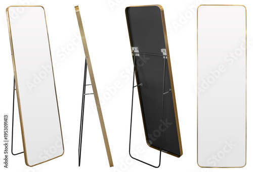 Real mirror photographed in studio and isolated on transparent background. Modern mirror with metal frame