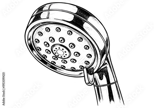 Detailed sketch of a modern chrome shower head with multiple spray nozzles and a sleek handle