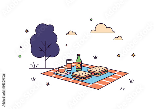 Outdoor family relaxation simple blanket with sandwiches and drinks arranged neatly beside a small tree silhouette. A calm and balanced concept illustration