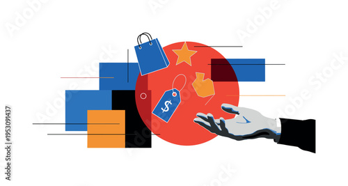 Black and white human hand reaching toward floating geometric shopping icons (bag, tag, star) rendered in flat blue and orange shapes, large red circle behind