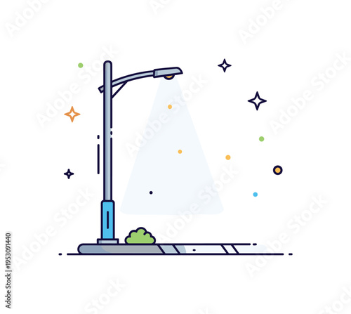 Street lighting infrastructure featuring a tall modern lamppost casting a soft circular glow onto a simplified sidewalk, expressing safety and calm urban