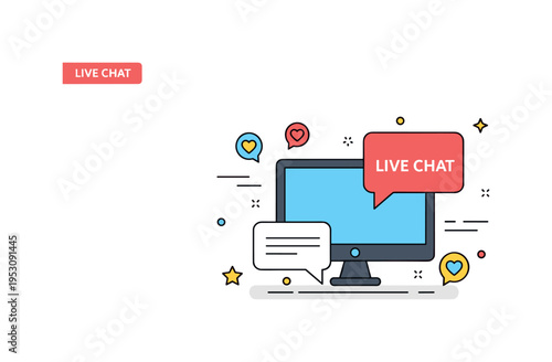 Live chat movie premiere scene showing a screen icon paired with speech bubbles and small reaction symbols. Clean geometric shapes and light motion lines