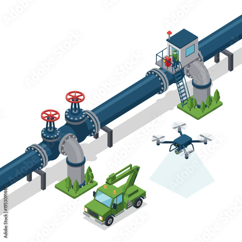 Industrial pipeline inspection with drone and service truck.