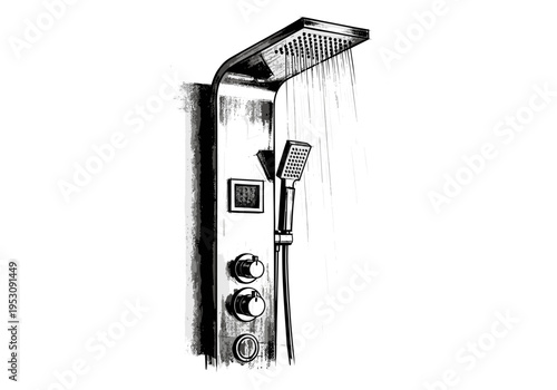 Modern shower panel with rainfall showerhead and handheld sprayer, digital display
