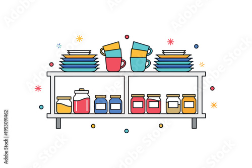Kitchen cupboard organization idea featuring a tidy cabinet with stacked plates, cups, and small labeled jars arranged symmetrically. The scene communicates
