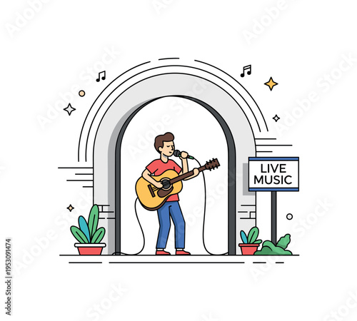 Street art singer under a minimal archway with soft echo lines and a small sign reading Live Music, capturing the authenticity of open air performance. The