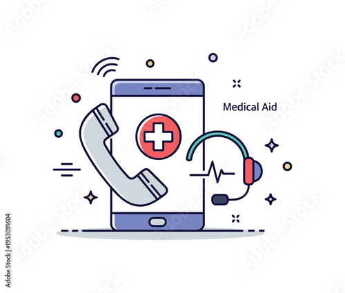 First aid helpline concept featuring a phone with cross emblem and small headset connected icon. Tiny wave signals and a short ?Medical Aid? text detail