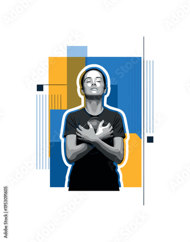 Front-facing black and white athlete holding a ball close to chest with eyes closed, layered with overlapping blue and yellow flat geometric shapes and thin