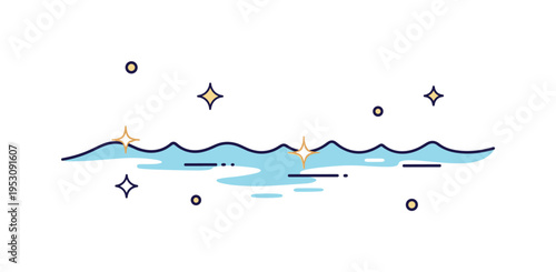 Glimmering water gentle wave line with bright sparkle accents dancing across the surface. A calm editorial scene expressing sunlight reflections and peaceful