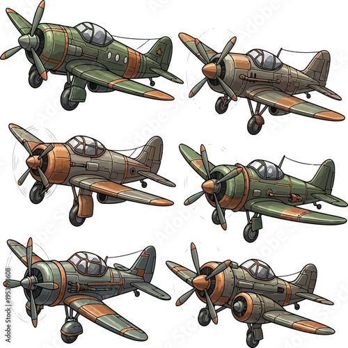 Six vintage military planes in various flying positions with propellers and wings