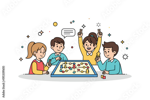 Children engaging in a colorful strategy board game, discussing moves and celebrating small victories, reflecting teamwork, decision-making, and joyful
