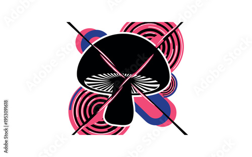 Monochrome mushroom silhouette enlarged centrally, intersected by bold swirling circles and flat geometric shapes symbolizing altered perception, balanced