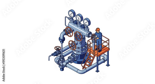 Industrial Pumping Station with Worker and Gauges.