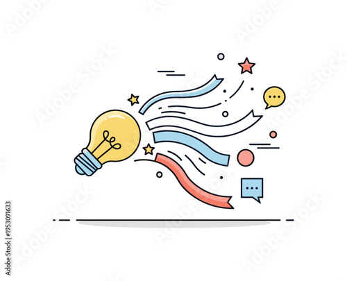 Idea generation burst concept featuring a light bulb icon releasing soft flowing ribbons that connect to tiny icons like star and chat bubble. The composition