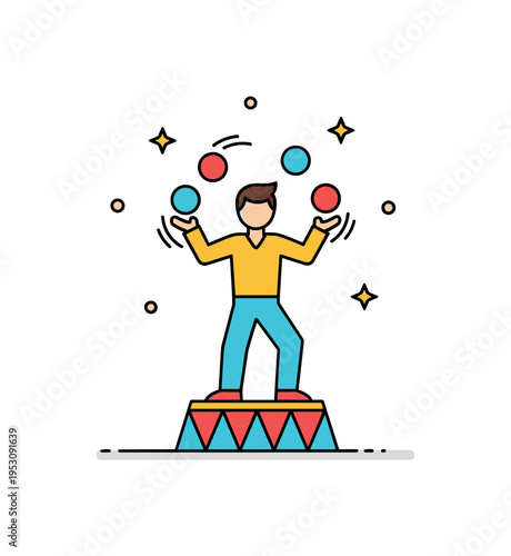 Street circus act concept built around a juggler figure with three colorful balls in motion and subtle star accents enhancing the playful atmosphere. The