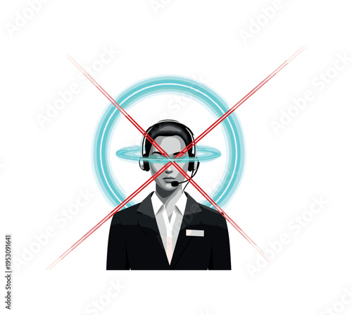 Conceptual service excellence theme featuring a monochrome headset-wearing support worker, vivid turquoise circular halo highlighting communication,
