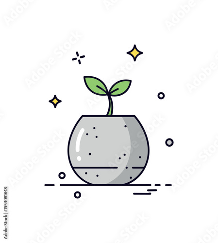 Handcrafted cement planter badge showing a small rounded pot with subtle surface details and a fresh sprout emerging, expressing growth and artisan creativity.