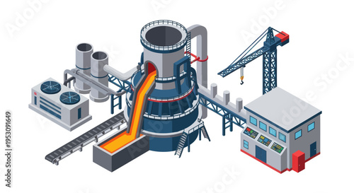 Industrial steel production plant with molten metal pouring.
