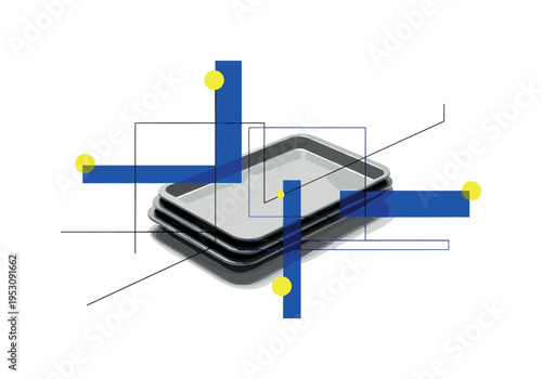 Monochrome baking tray stacked with another tray beneath, intersected by bold blue rectangles and small yellow circular accents, thin structured