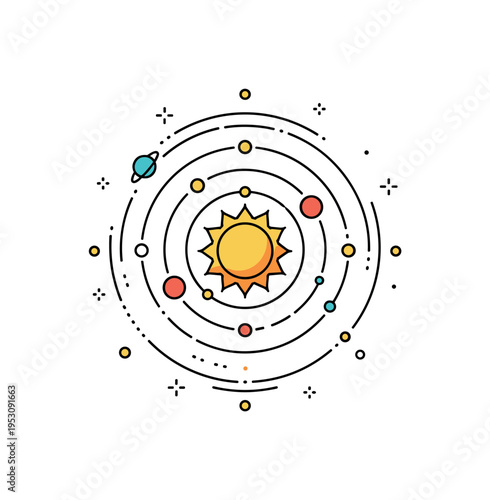 Heliocentric model concept built around a central sun icon with evenly spaced orbit lines and small planet dots arranged symmetrically, representing the