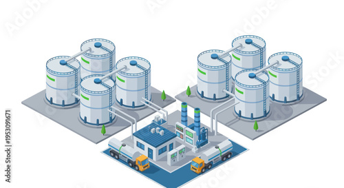 Industrial Storage Tanks and Processing Facility with Trucks.