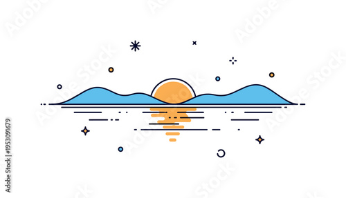 Calm lakeside sunset concept featuring a smooth water surface with subtle reflection lines and a low sun disc partially hidden by hills, symbolizing relaxation