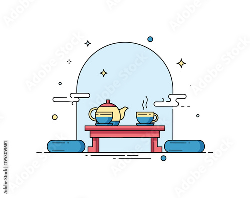 Traditional tea house setting low table with teapot and two cups facing each other, framed by a subtle arch suggesting a calm interior space. A