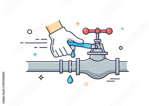 Emergency water leak fix plumber turning off a valve connected to a dripping pipe with subtle motion lines showing urgency, expressing fast response service. A