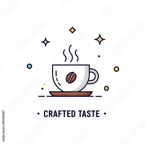 Artisan coffee concept centered on a single espresso cup with tiny coffee bean icon and subtle steam curls. Subtle sparkle accents and a ?Crafted Taste? text