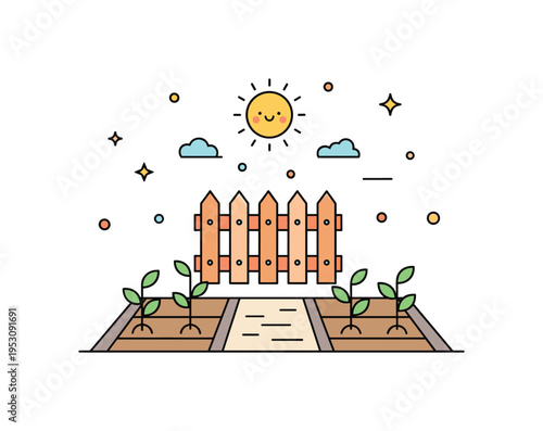 Garden safety and care small fence protecting young plants with a friendly sun above and neat pathway leading through the beds. A reassuring