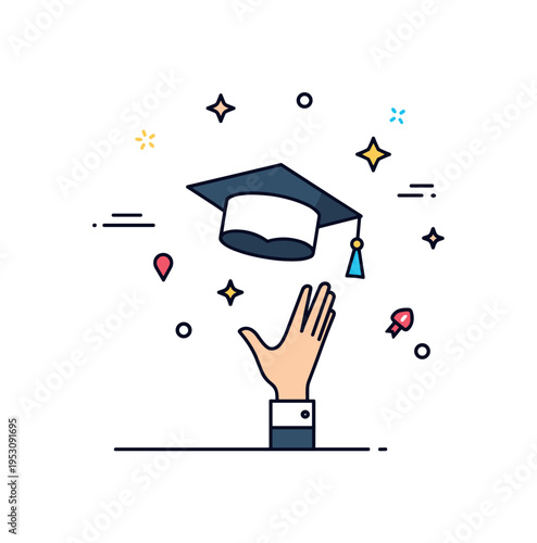 Graduation celebration moment illustrated by a simple graduation cap tossed upward with star details around, expressing milestone achievement and future