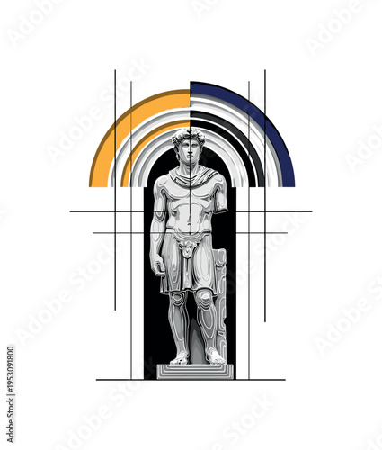 A monochrome full-body ancient stone statue standing upright, oversized semicircles framing the head and shoulders, thin linear elements intersecting