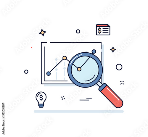 Market analysis and strategy idea illustrated through a magnifying glass hovering over a chart with subtle data point dots, symbolizing research and informed