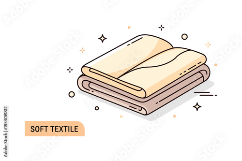 Soft textile neutral tones illustration built around a folded fabric icon in creamy and taupe hues with gentle line details, expressing comfort and understated