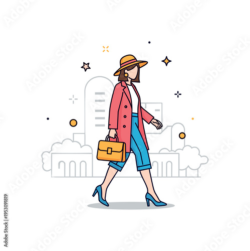 A top model walking outdoors in a stylish outfit for a street fashion shoot, emphasizing elegance, style, and contemporary fashion trends. Minimalist flat