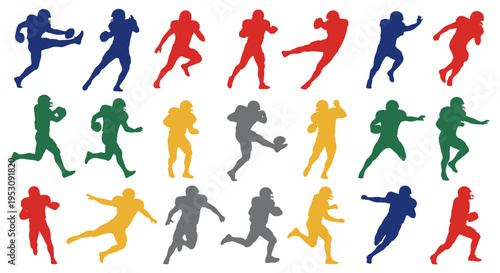 Football Players in Action Silhouettes Blue Red Green Yellow Gray and Orange Colors