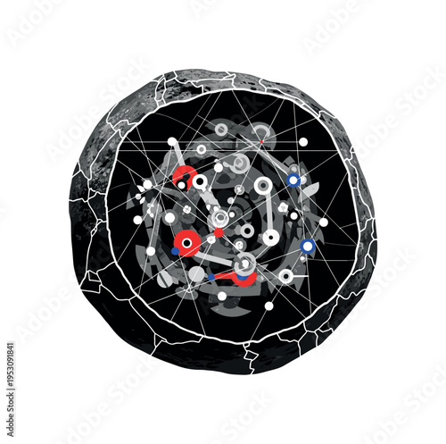 Black and white realistic meteorite cracked open, interior revealed as flat geometric shapes and circular nodes suggesting microscopic life, thin intersecting