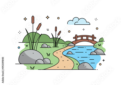 Trail running beside a calm river with smooth rocks, reeds, and a small footbridge, conveying tranquility, connection to nature, and exploration. Minimalist