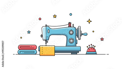 Sewing clothes tailor workspace with a classic sewing machine centered beside neatly folded fabric and a small pin cushion. A cozy and focused scene expressing